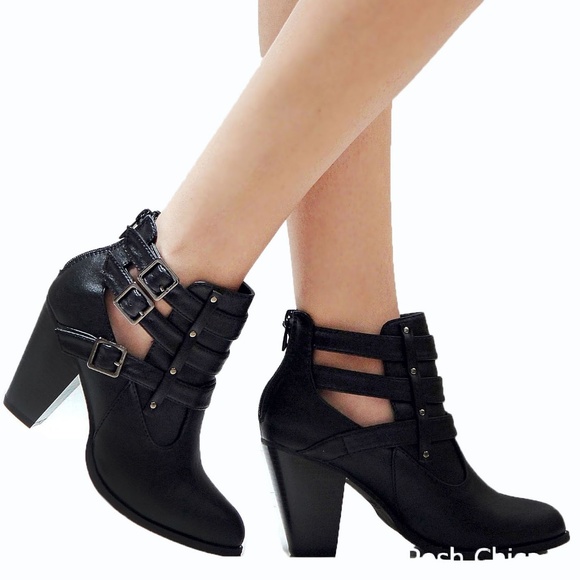 New Black Western Ankle Booties Block Heel Boots - Picture 2 of 4